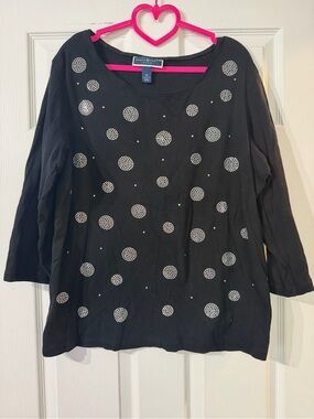 Karen Scott Black 3/4 Sleeve Pullover w/ Rhinestone Dot Accents Size 0X(14/16W)